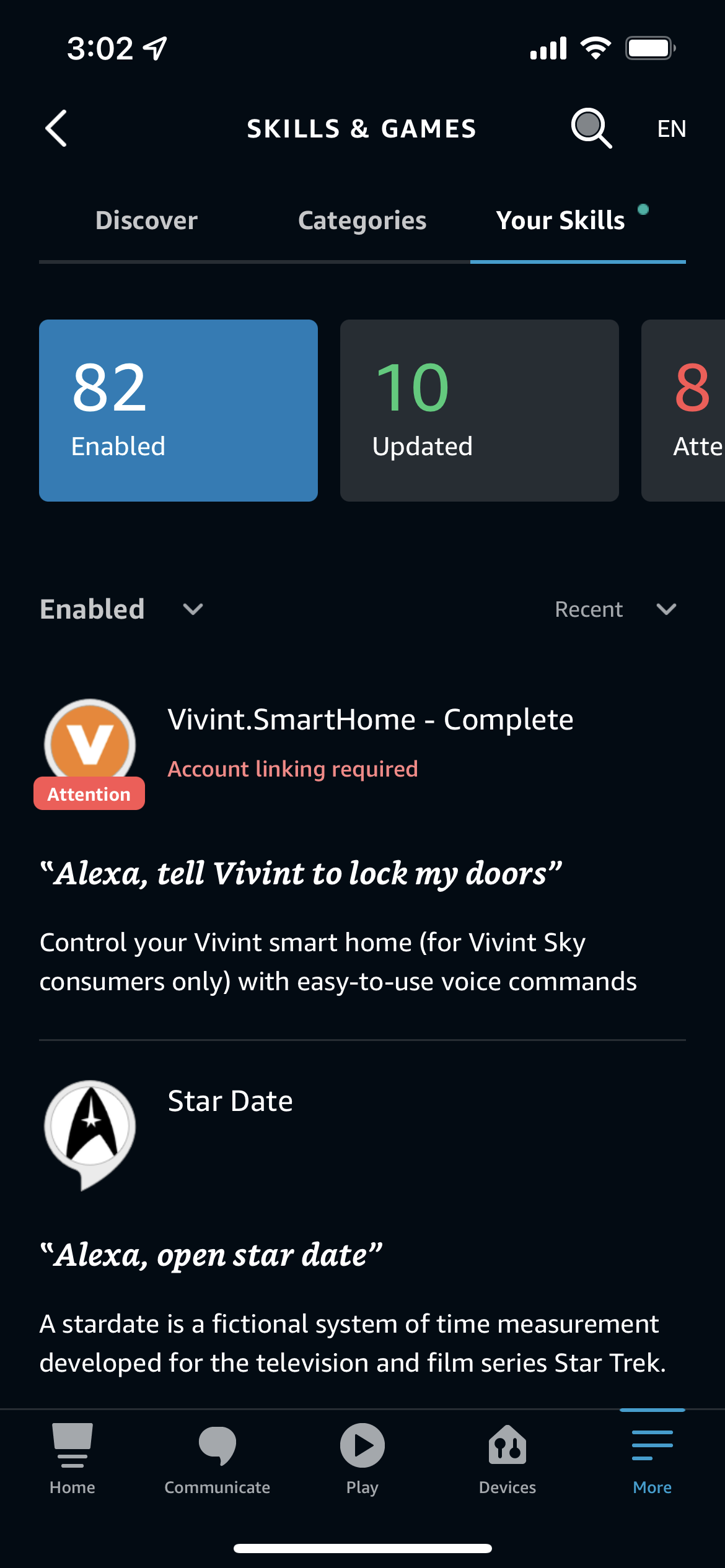 A list of enabled skills in the Alexa app