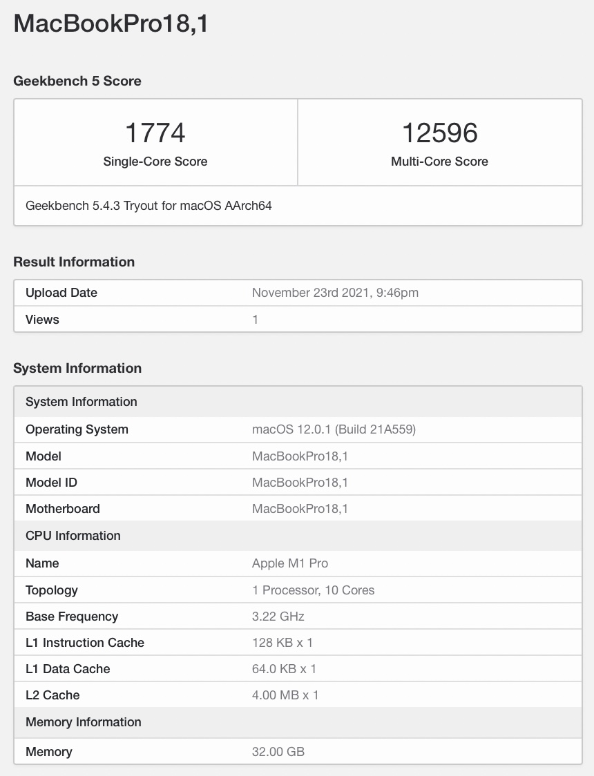 Apple MacBook Pro 2021 16 inch M1 Pro 32GB Geekbench scores