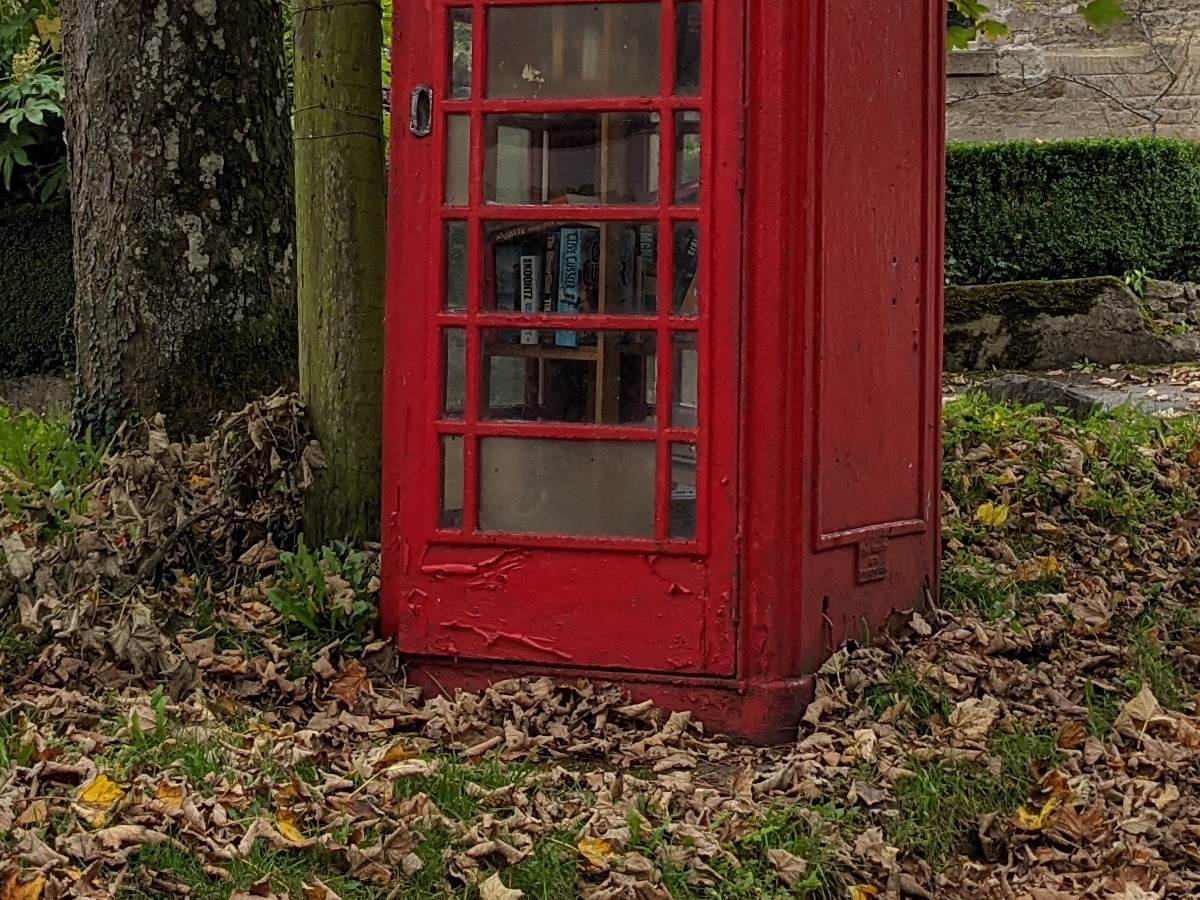100% crop photo of red telephone box and autumn leaves shot on Google Pixel 5