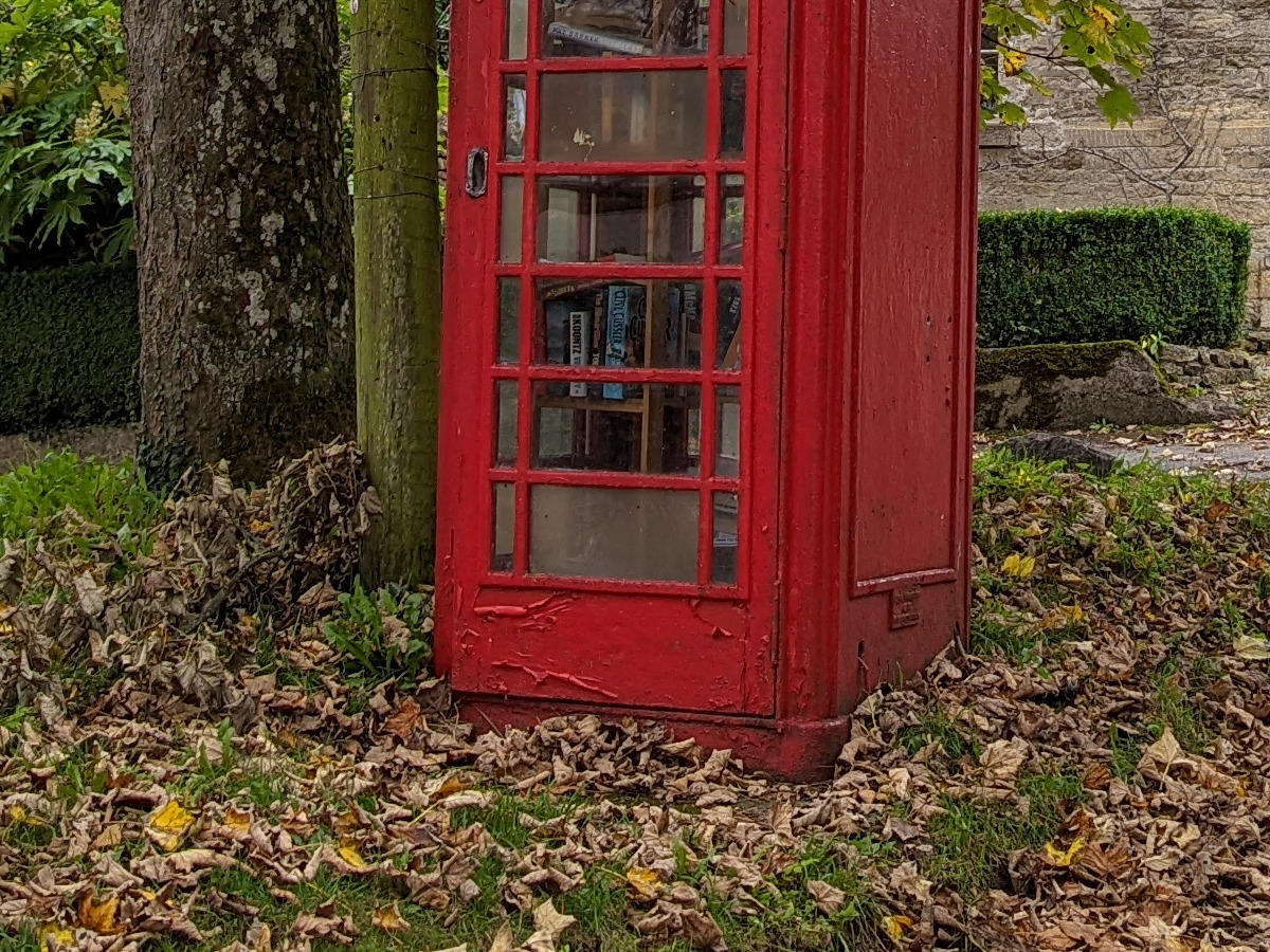 100% crop photo of red telephone box and autumn leaves shot on Google Pixel 6 Pro