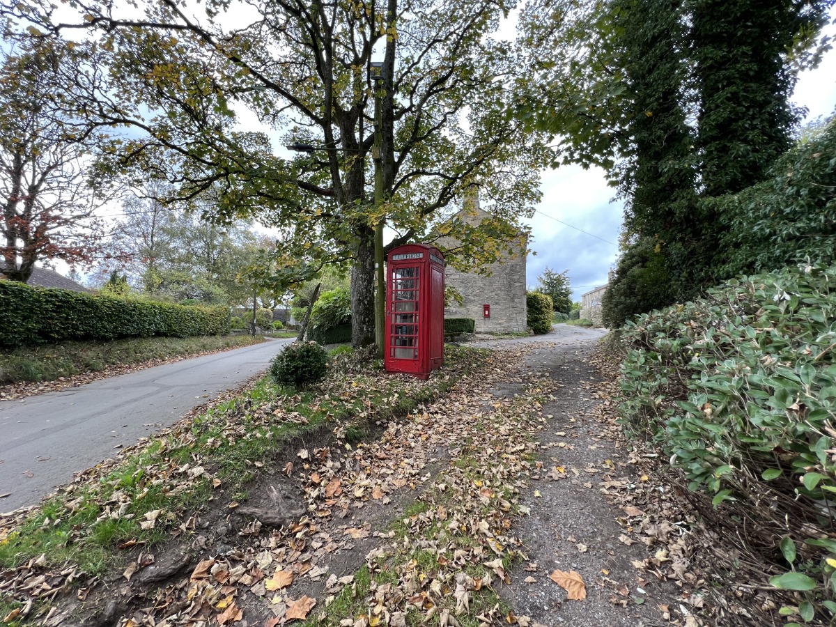 Camera sample wide red telephone box under a tree on the Apple iPhone 13 Pro Max