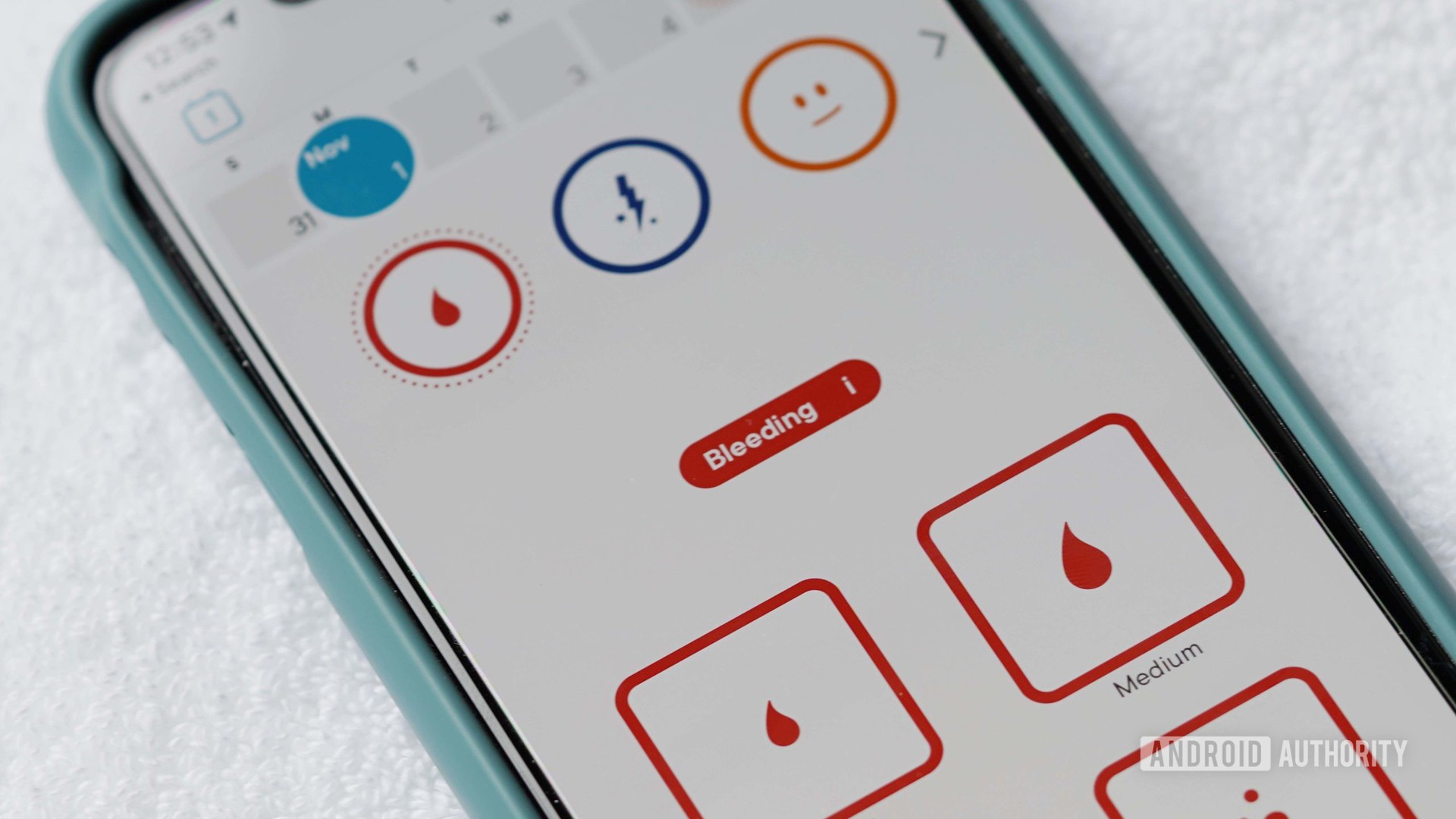 A user's tracked bleeding, is displayed on an iPhone 11.
