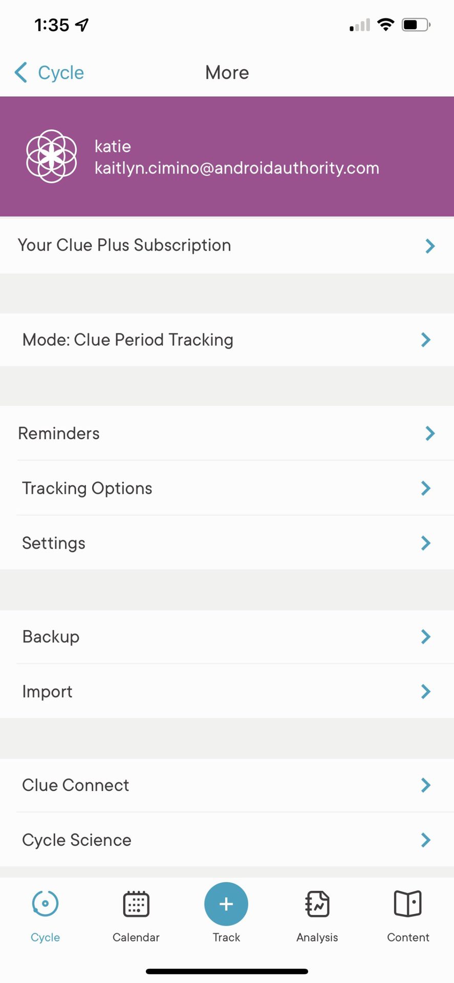 Clue Period Tracking App More Menu