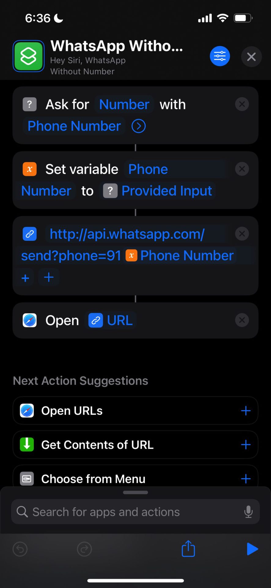 Creating a shortcut in iOS for sending a whatsapp message without saving a contact