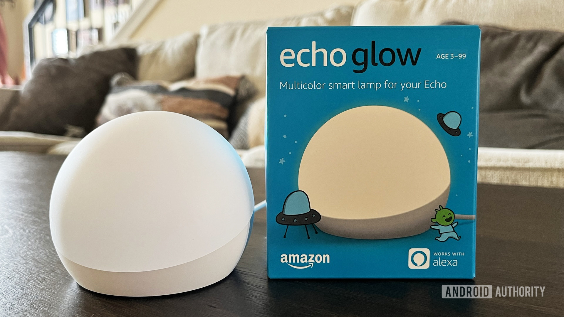The Amazon Echo Glow and its box.