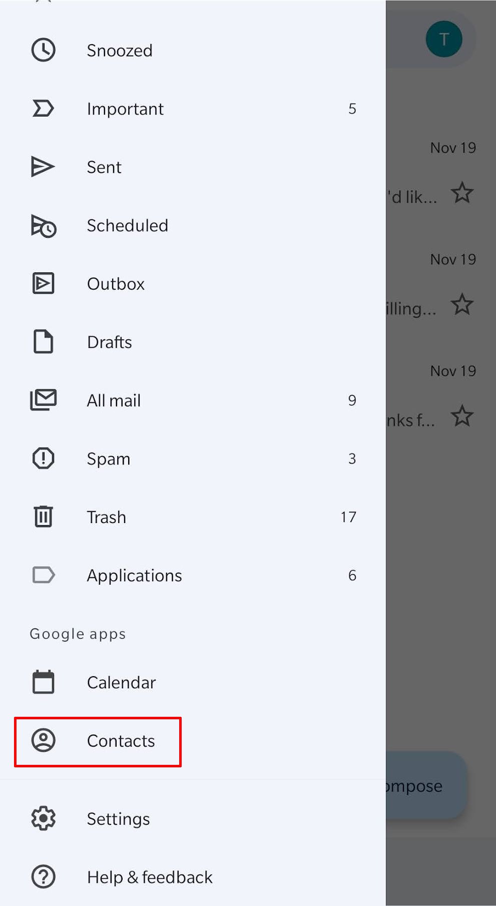 Gmail menu with Contacts option at the bottom.