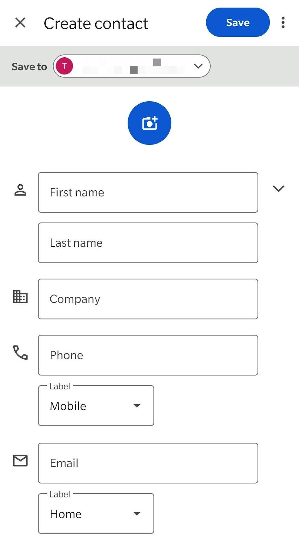 Google Contacts app window for adding a new contact