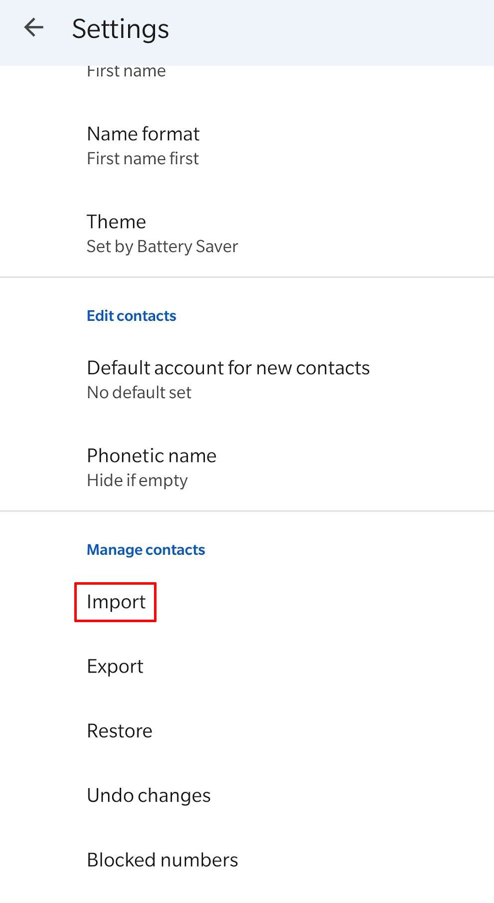 Google Contacts menu with Import option highlighted