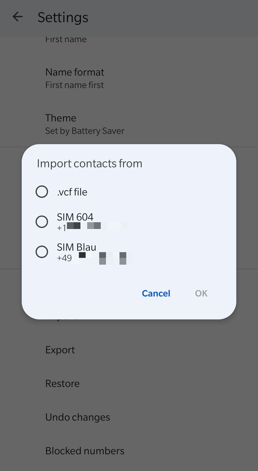 Choose where to import Google contacts from.