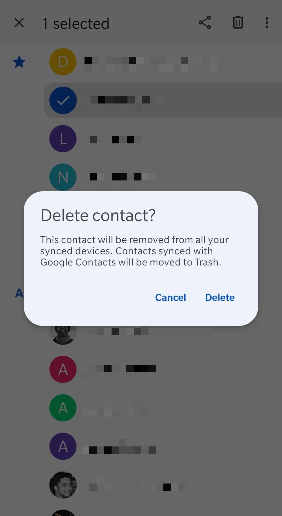 Confirm deleting a Google contact in the Android Contacts app.