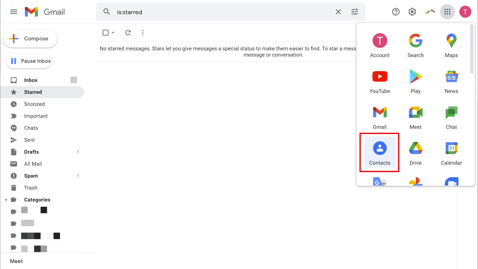 Interfaz de correo web de Gmail con menú de aplicaciones de Google ampliado.