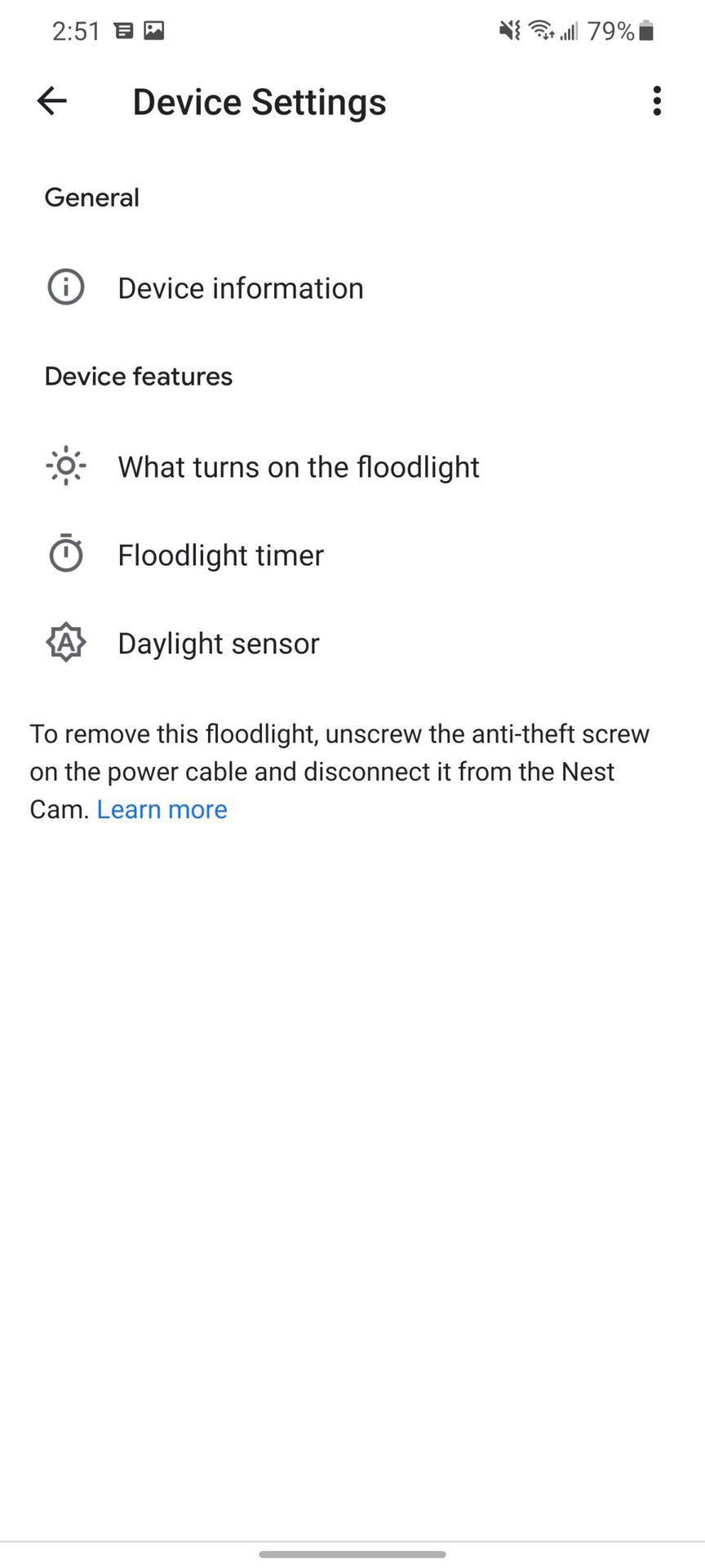 Google Nest Cam with Floodlight Screenshot Device Settings