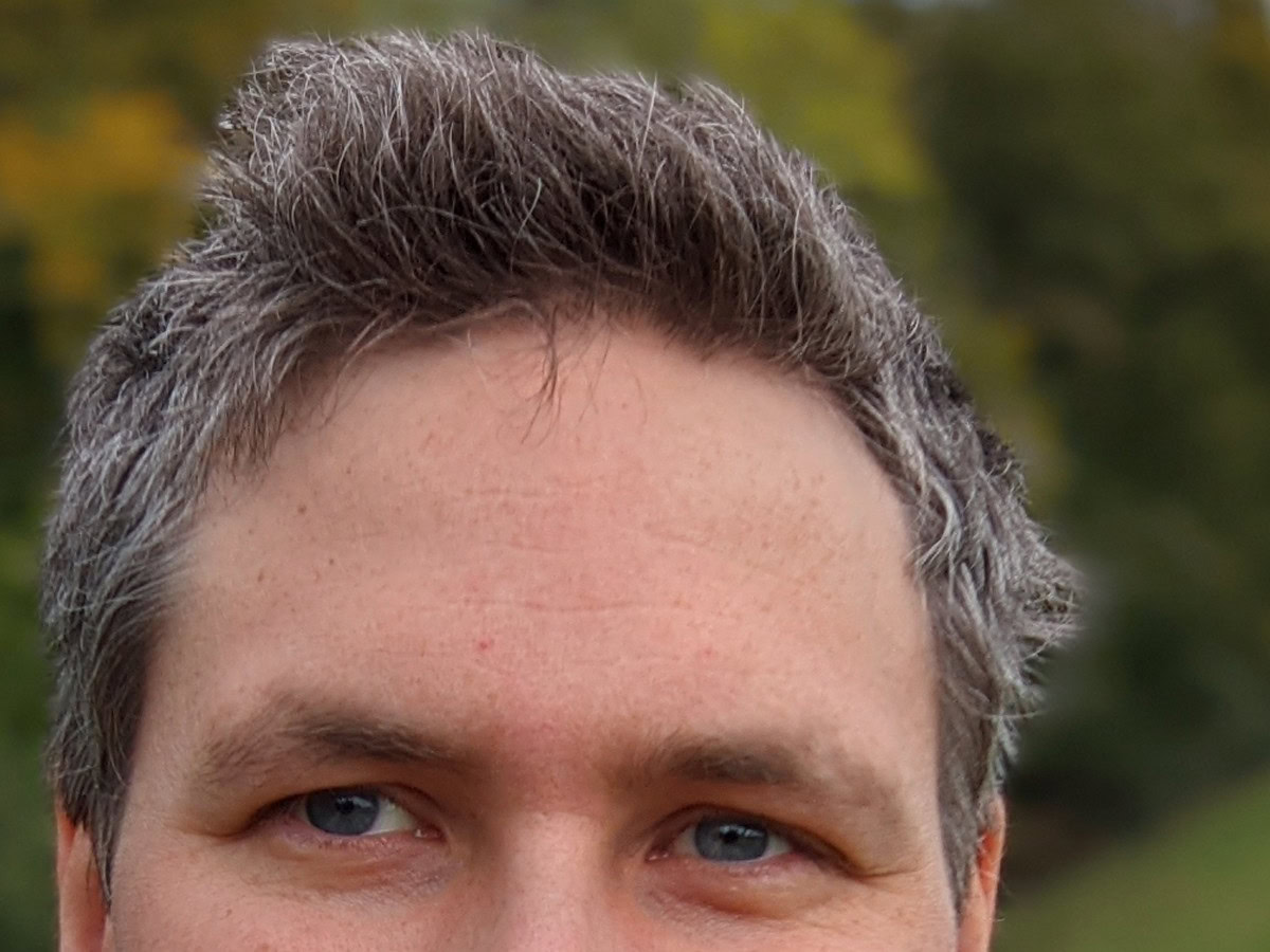 Google Pixel 5 selfie crop of a man's forehead and hair