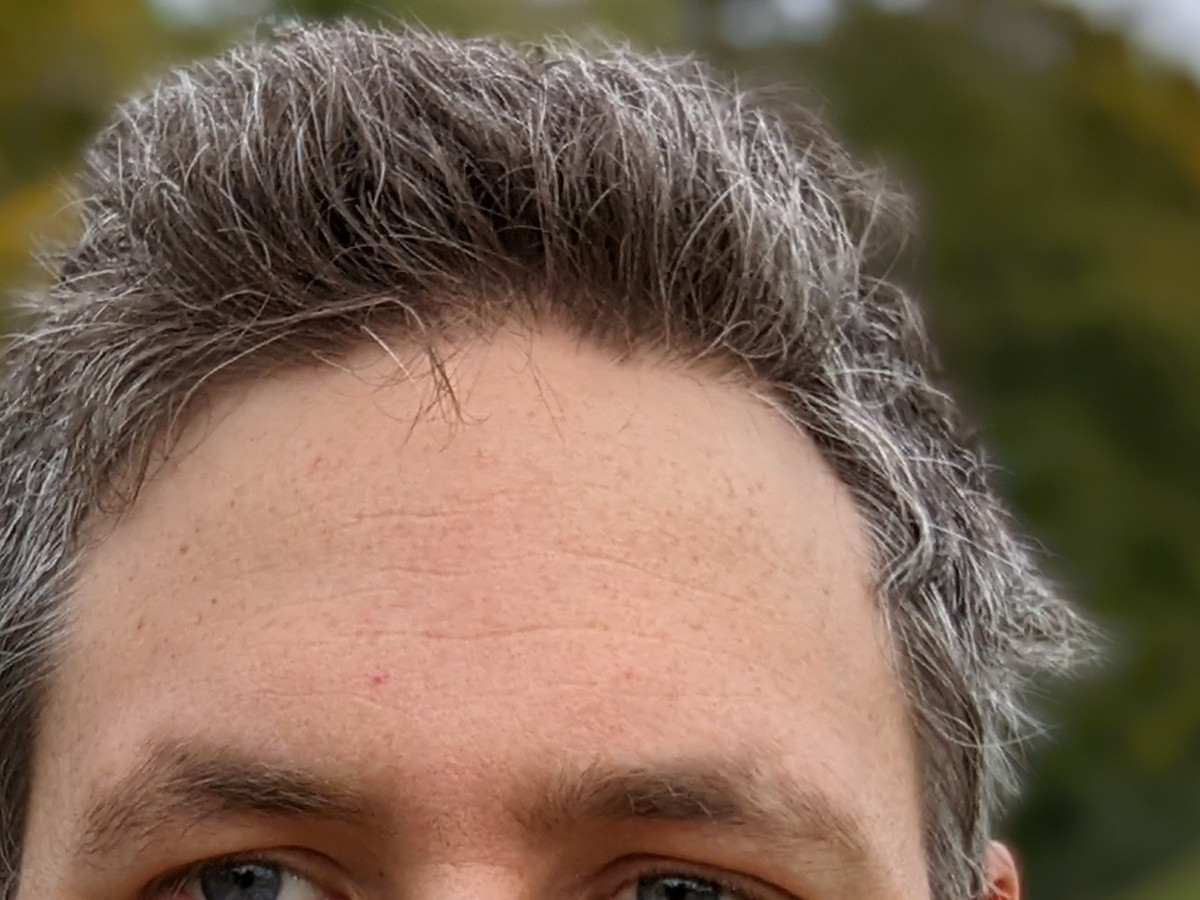 Google Pixel 6 Pro selfie bokeh crop of a man's forehead and hair