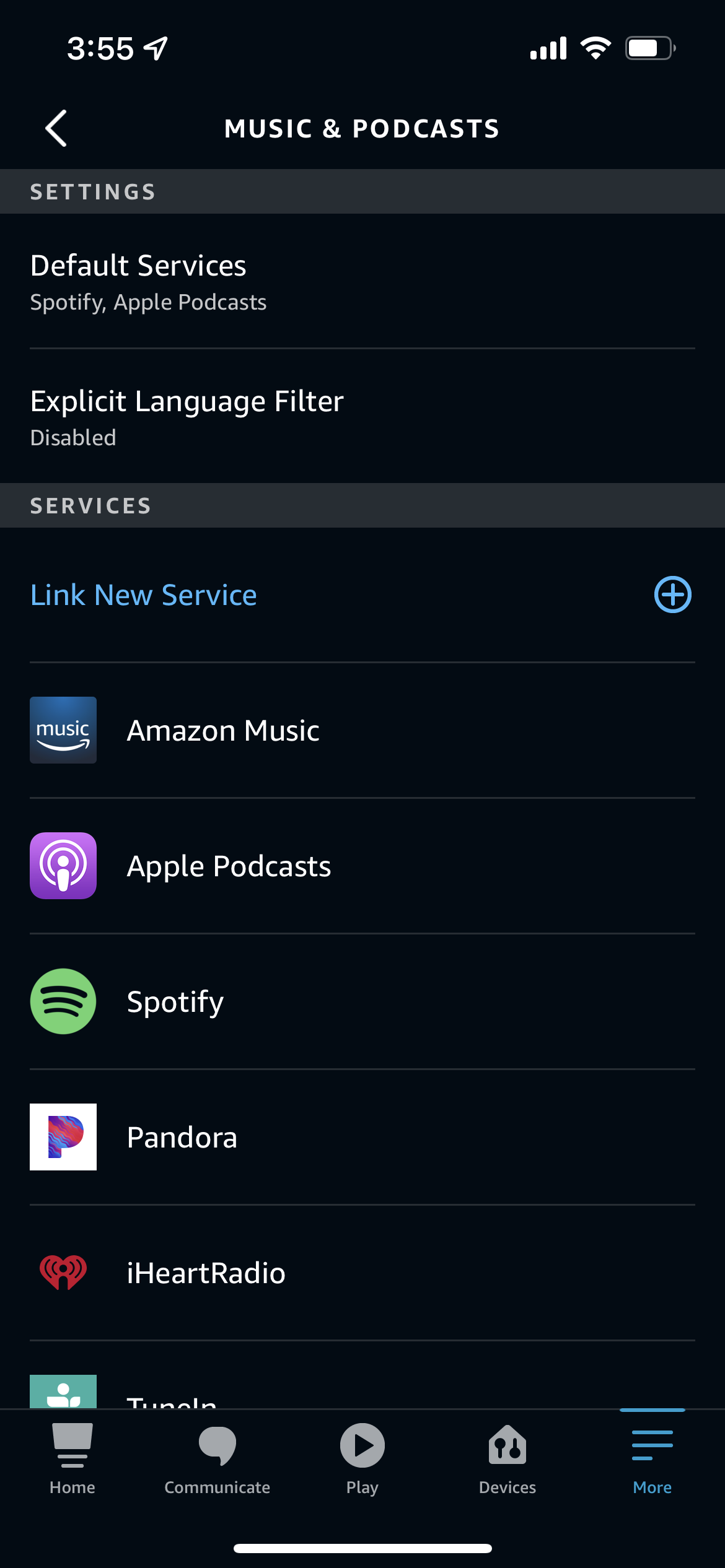 Music options in the Amazon Alexa app