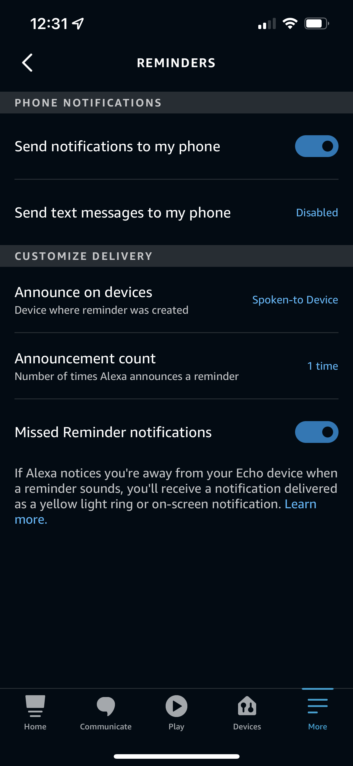 Setting reminder preferences in the Amazon Alexa app