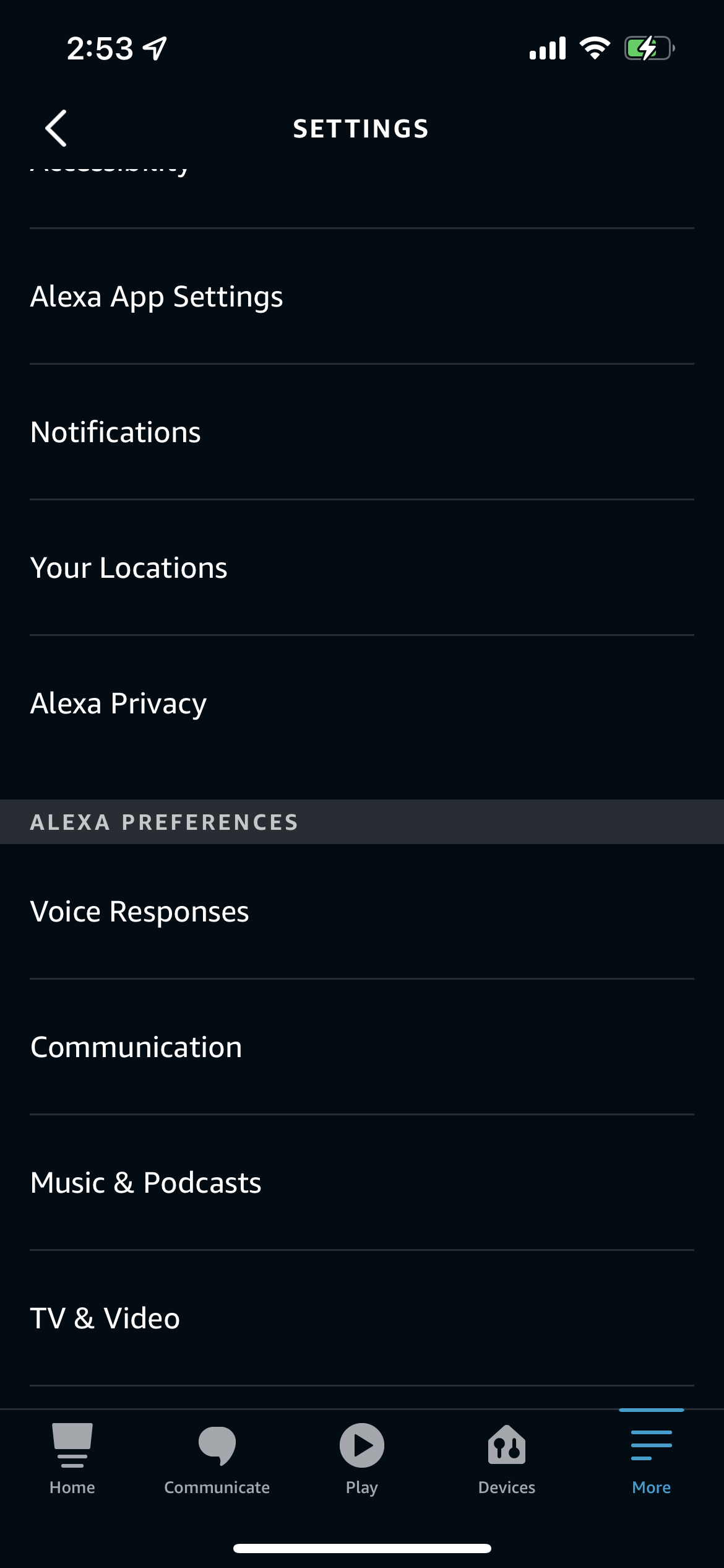 Various Settings options in the Amazon Alexa app