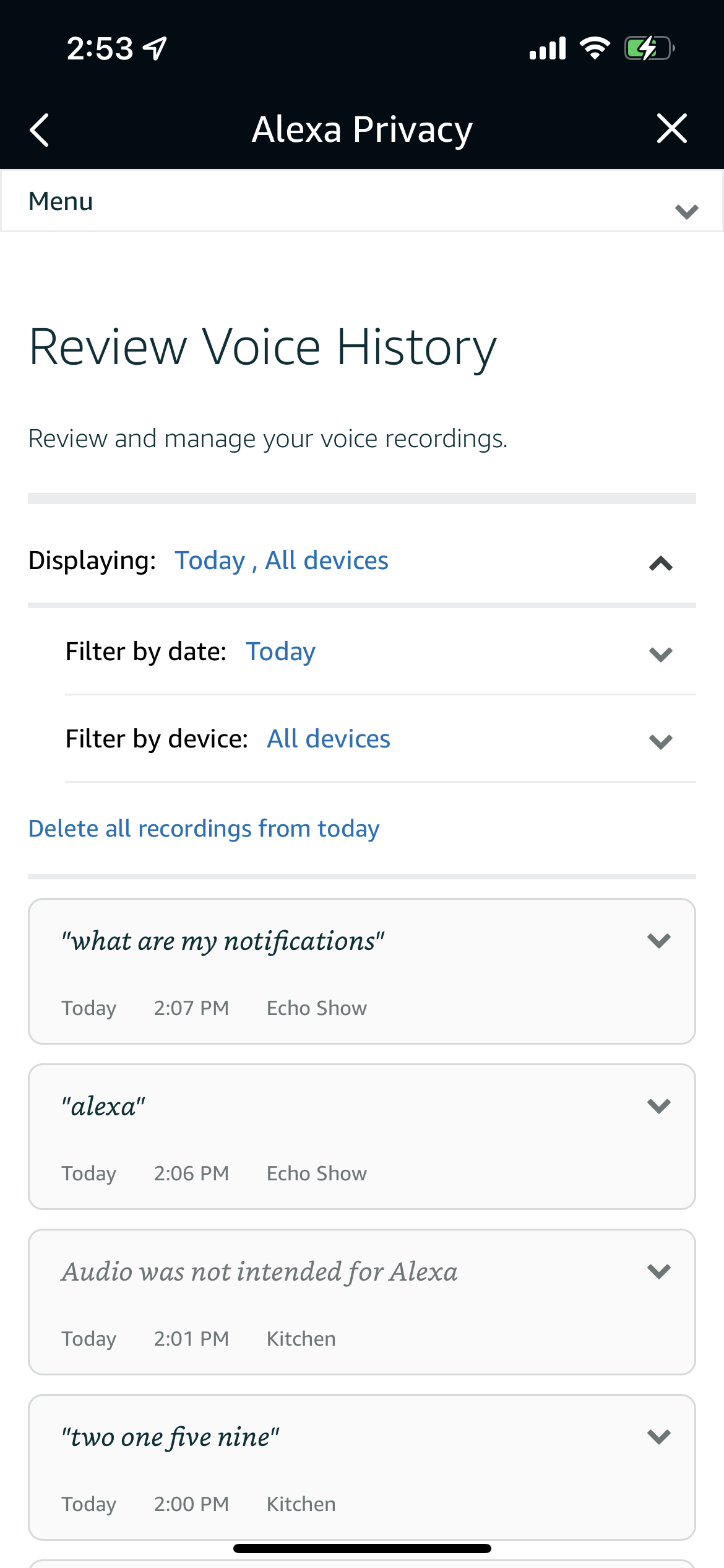Voice recording history in the Amazon Alexa app