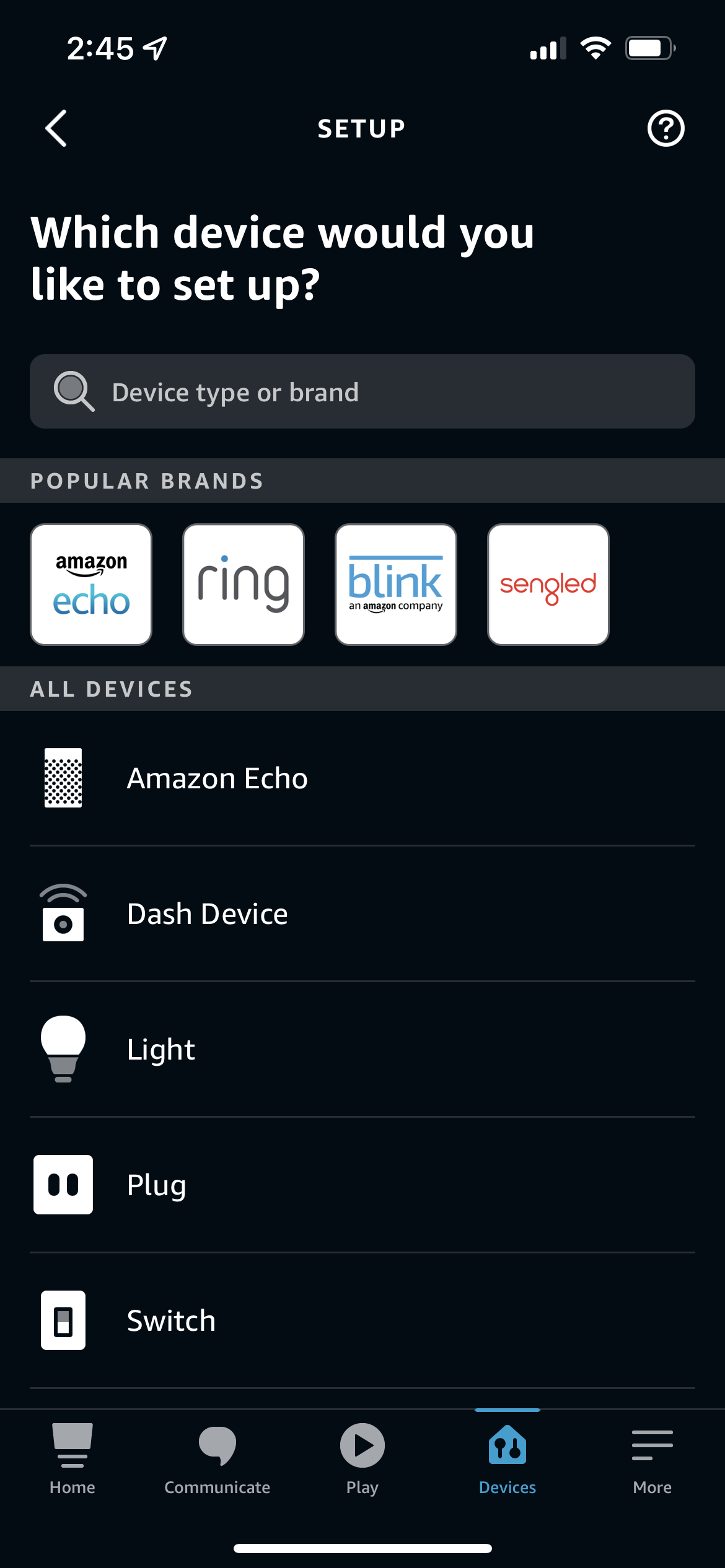 Device selection options in the Amazon Alexa app