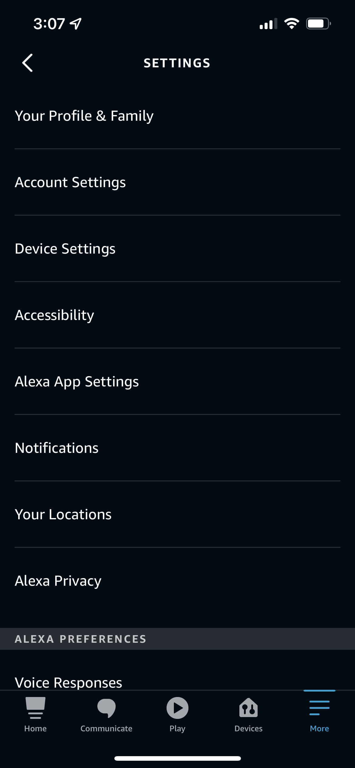 Some of the categories in the Amazon Alexa app's Settings menu