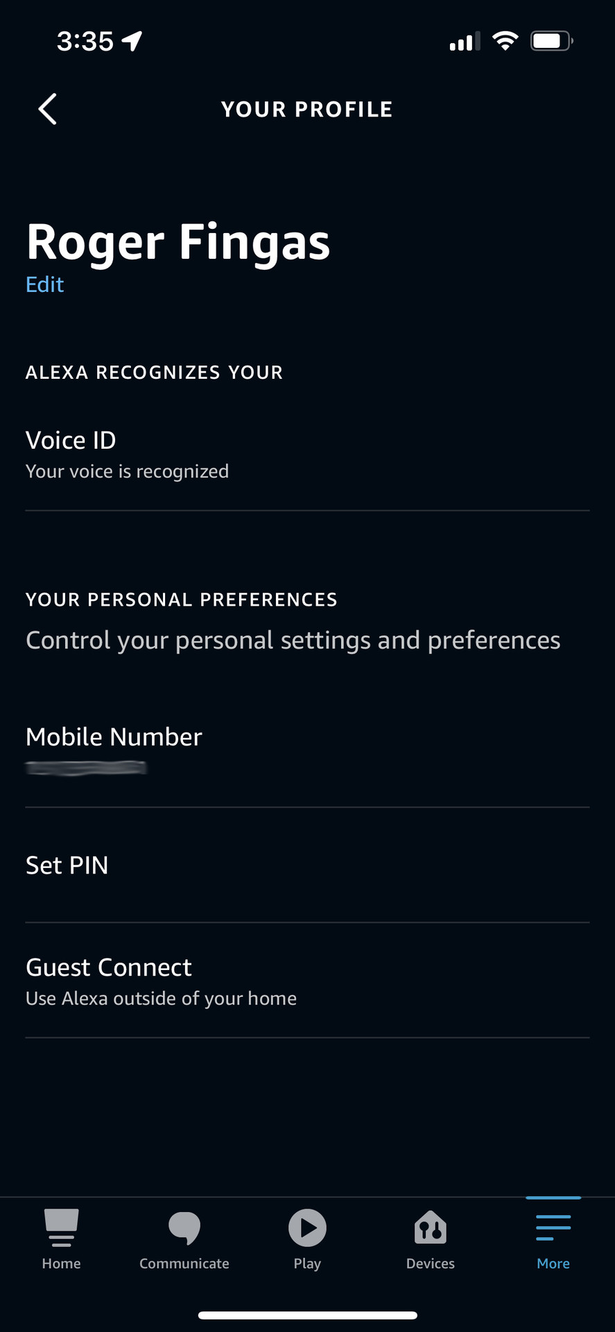 Personal profile info in the Amazon Alexa app