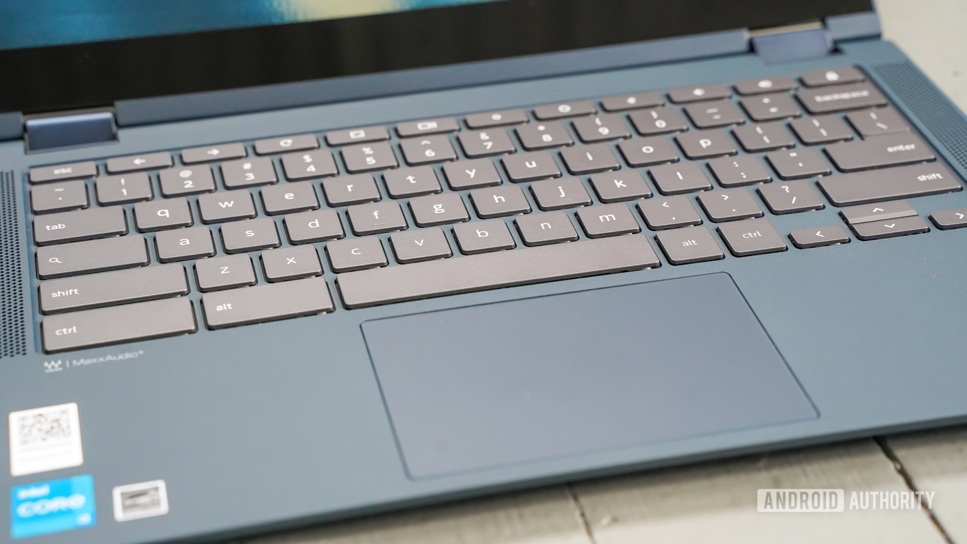 Lenovo Flex 5i Chromebook keyboard close up left profile