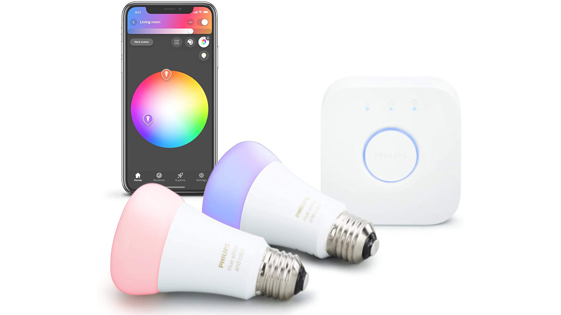 Two Philips Hue bulbs, a Hue Bridge, and the Hue smartphone app.