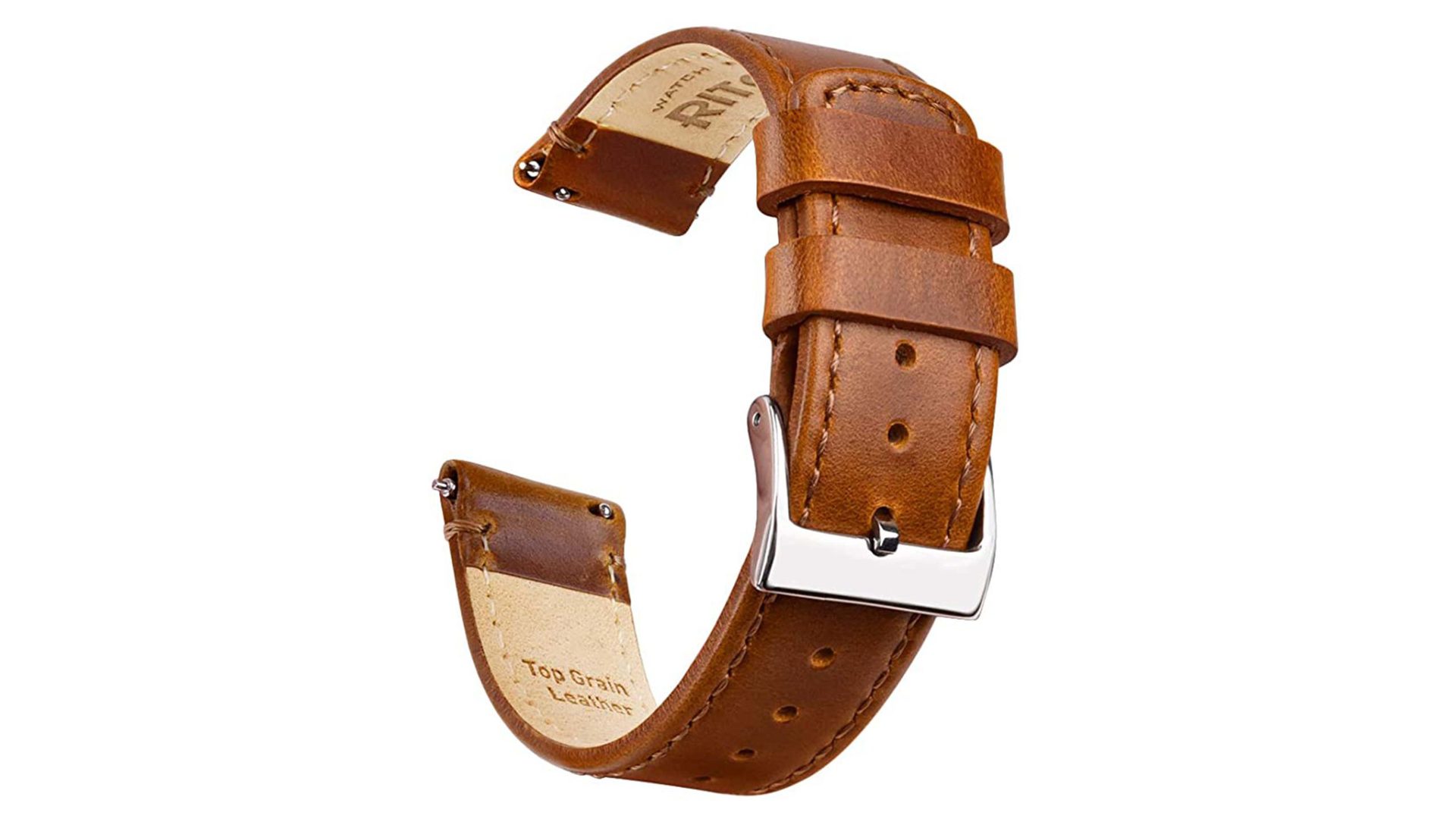 Product image of a Ritche leather Samsung Galaxy Watch Active 2 replacement band in Toffee and silver.