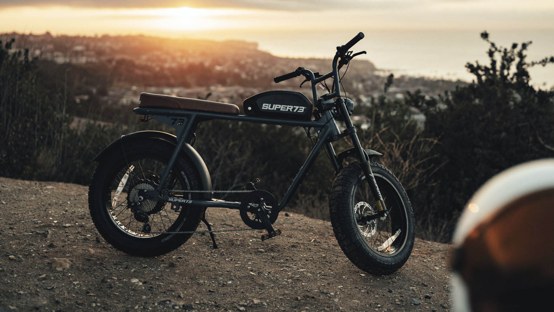 The Super73 S2 e-bike on a sunset ridge.