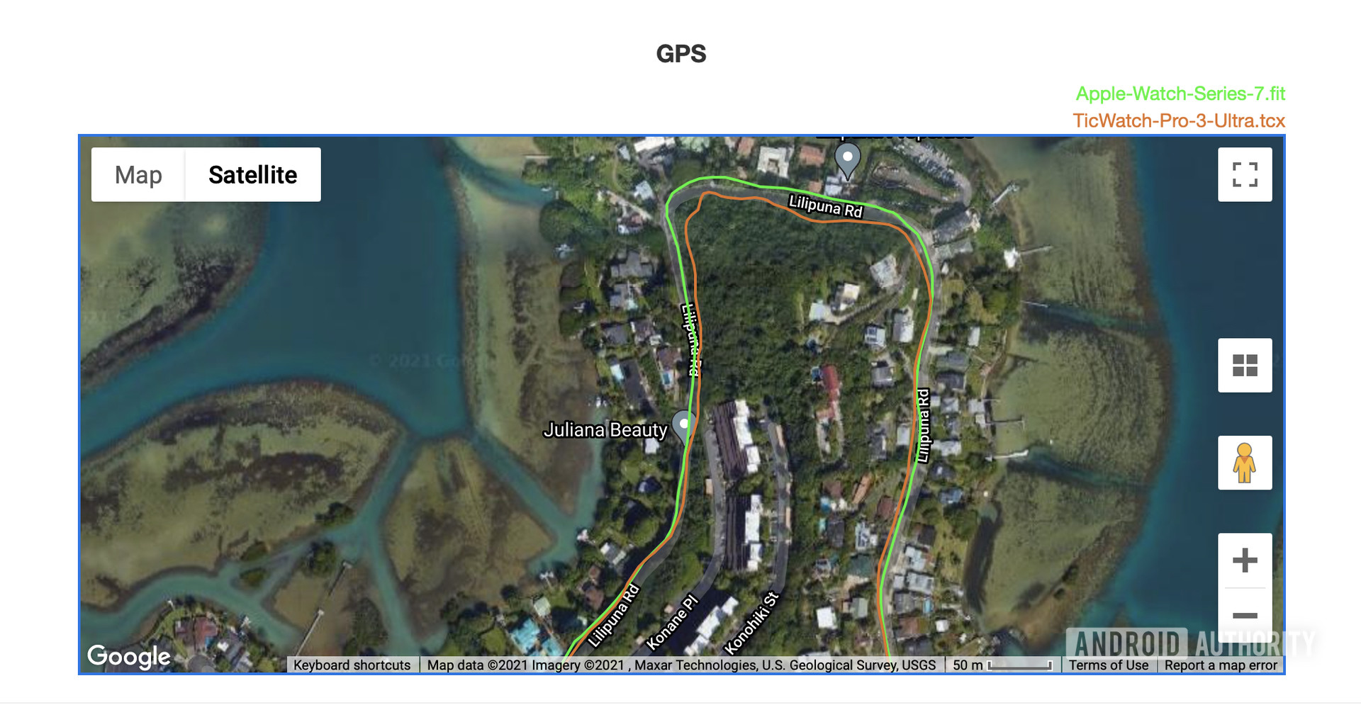 A screenshot of TicWatch Pro 3 Ultra GPS data shows the device's accuracy struggling on a hillside.