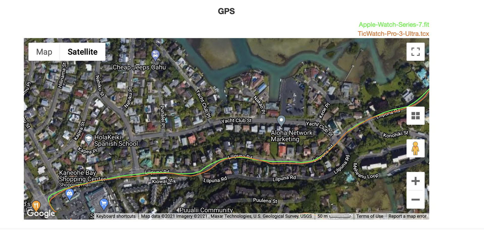 A screenshot of TicWatch Pro 3 Ultra GPS data shows the devices performance on a straightaway.