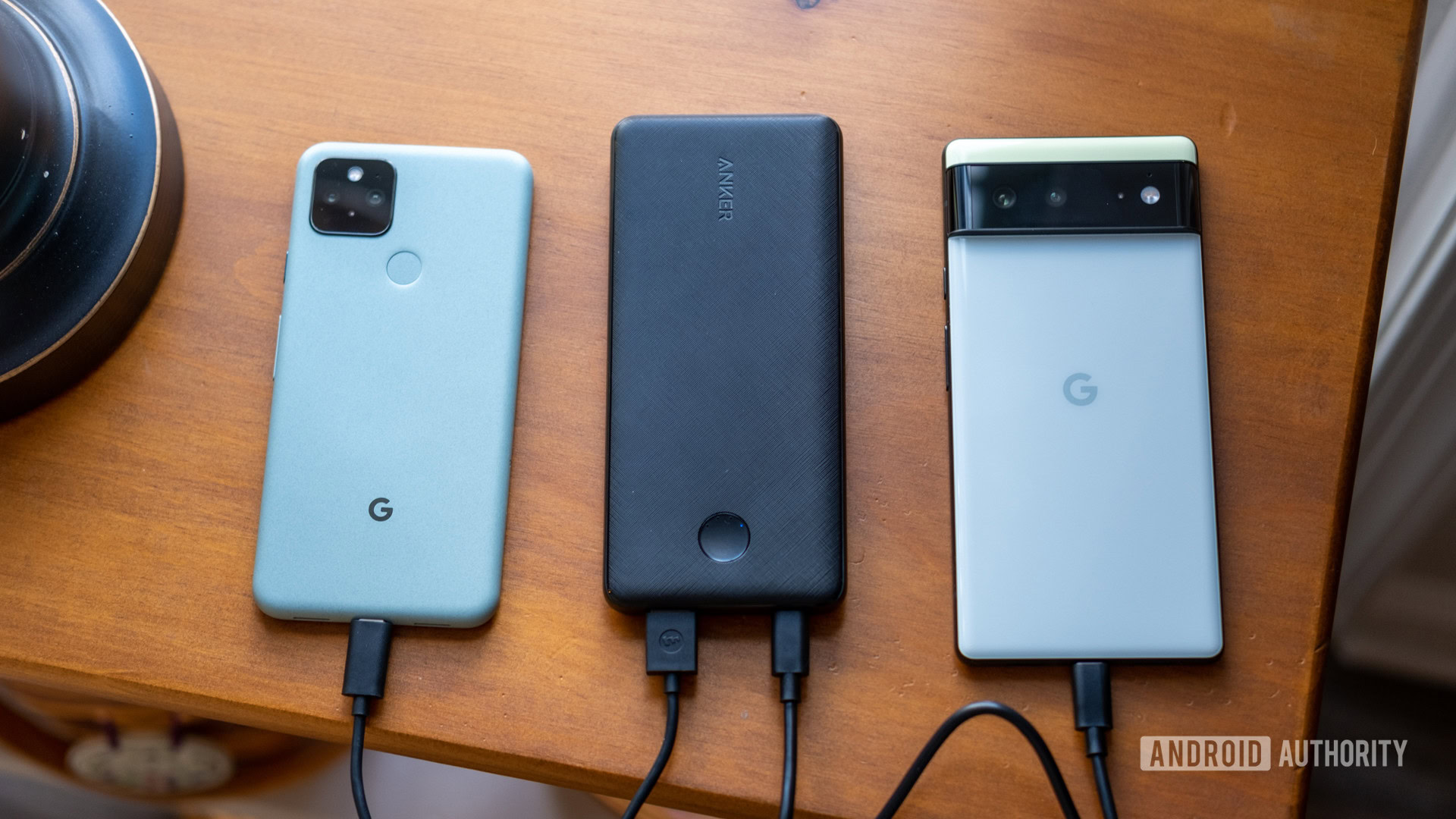anker powercore slim pd charging pixel 5 and 6 on table