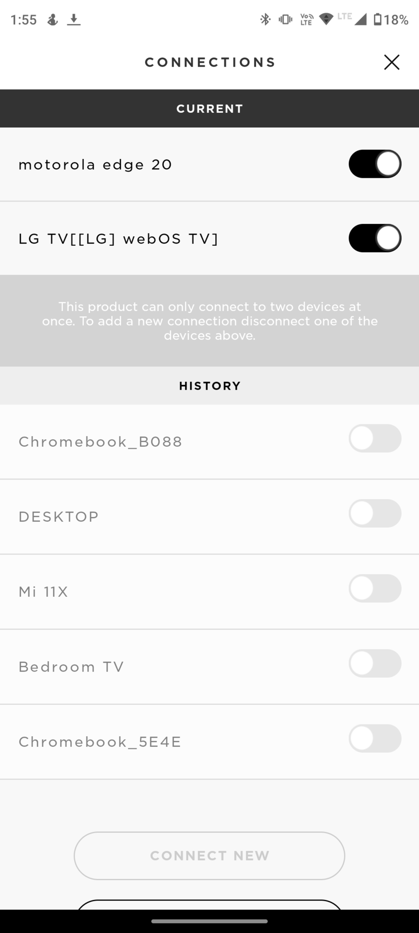 Bose app showing active Bluetooth connections