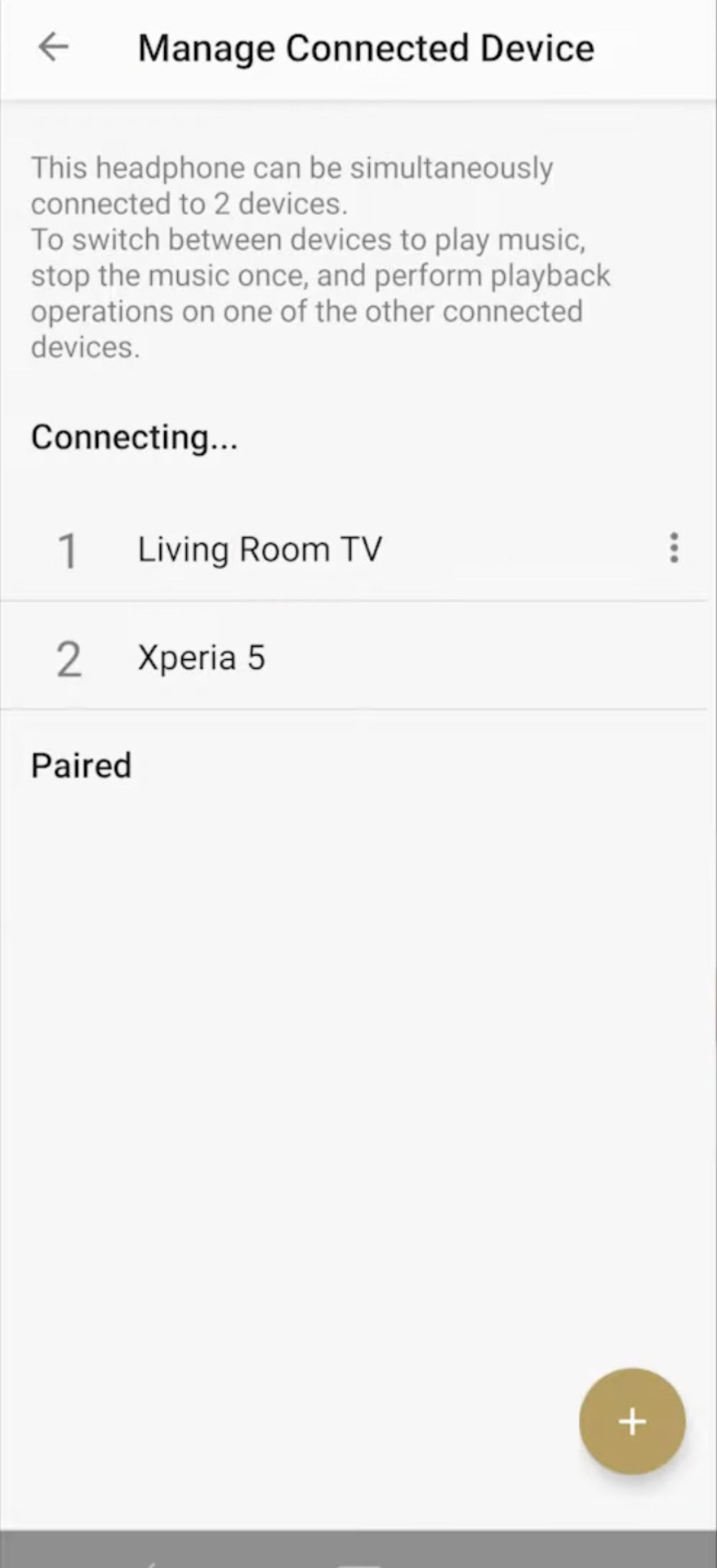 Sony app showing active Bluetooth connections