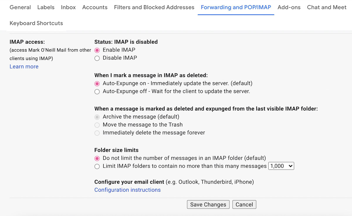 gmail IMAP not receiving emails
