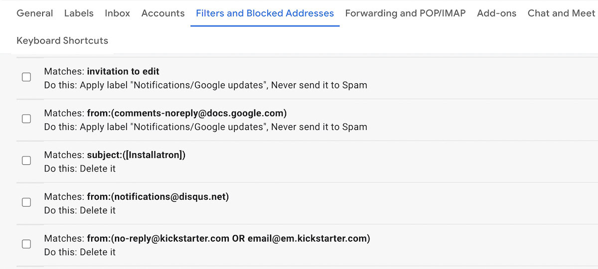 gmail filter list