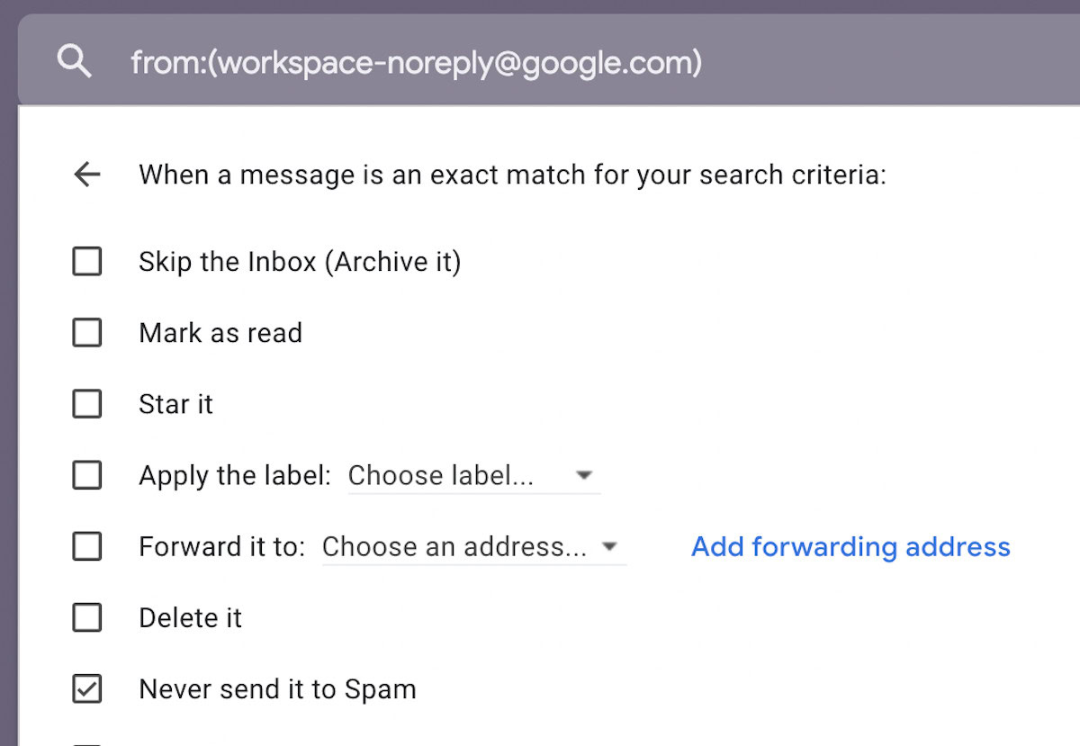 gmail filter never spam