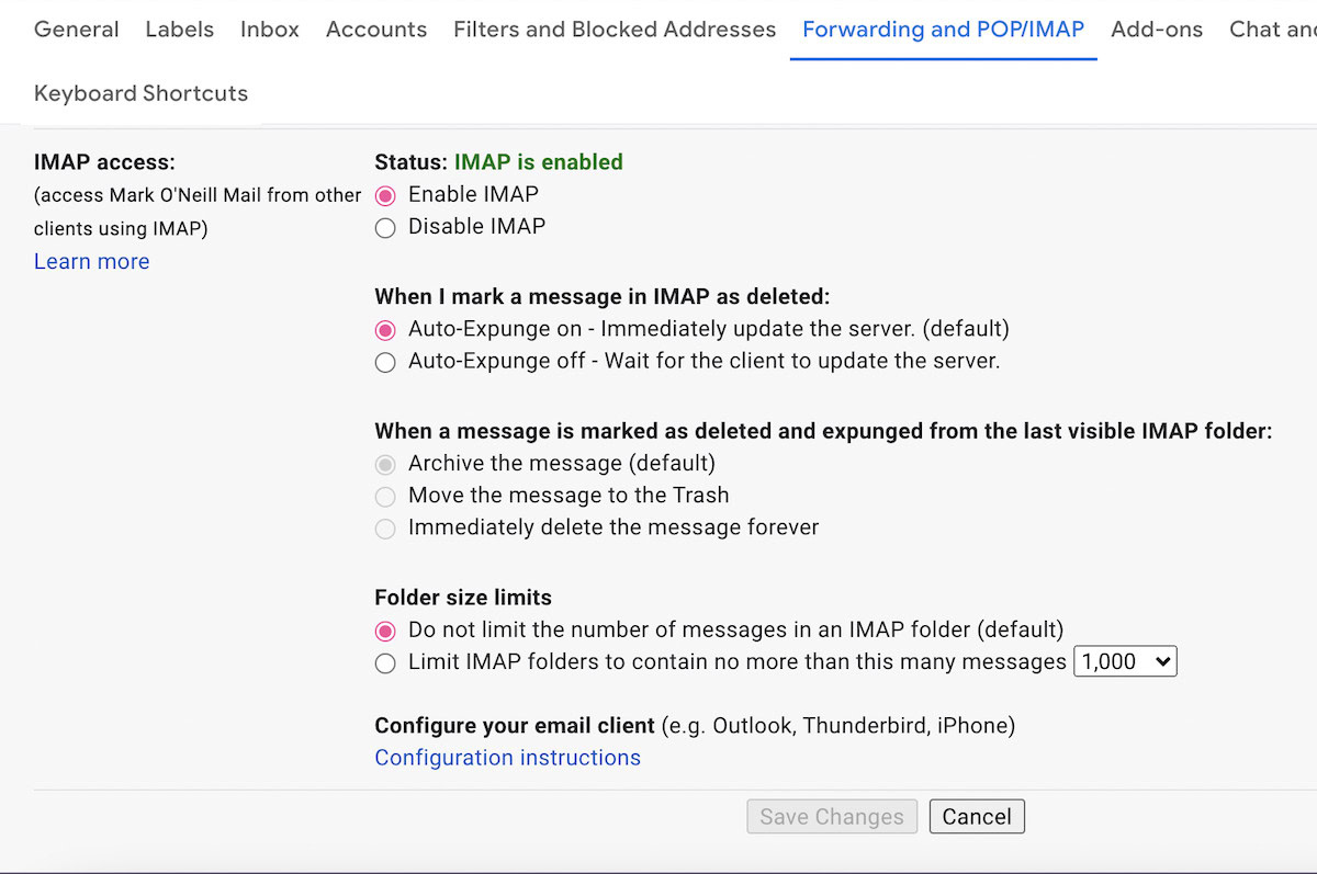 Gmail IMAP settings