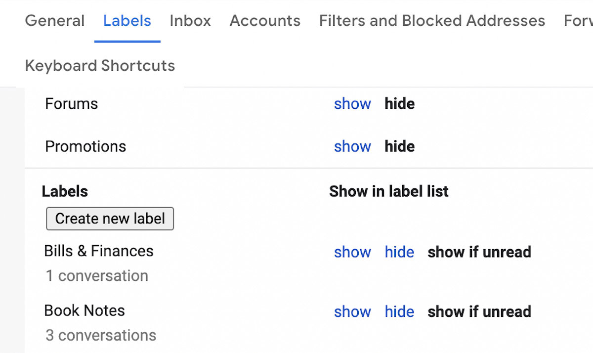 gmail labels section