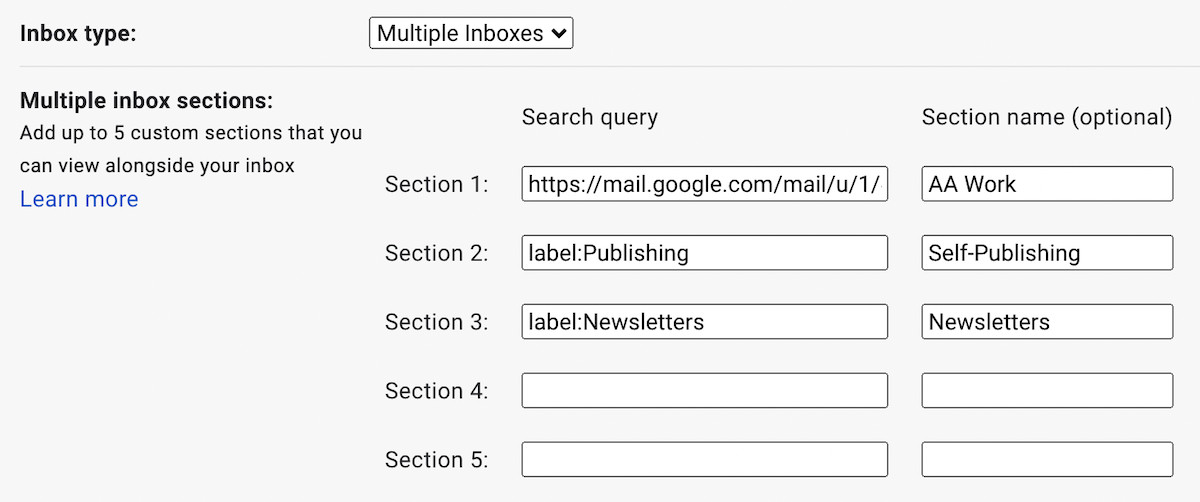 gmail multiple inboxes sections