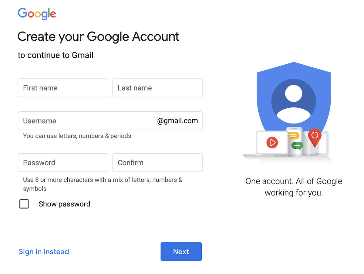 Gmail signup page to create your Google Account