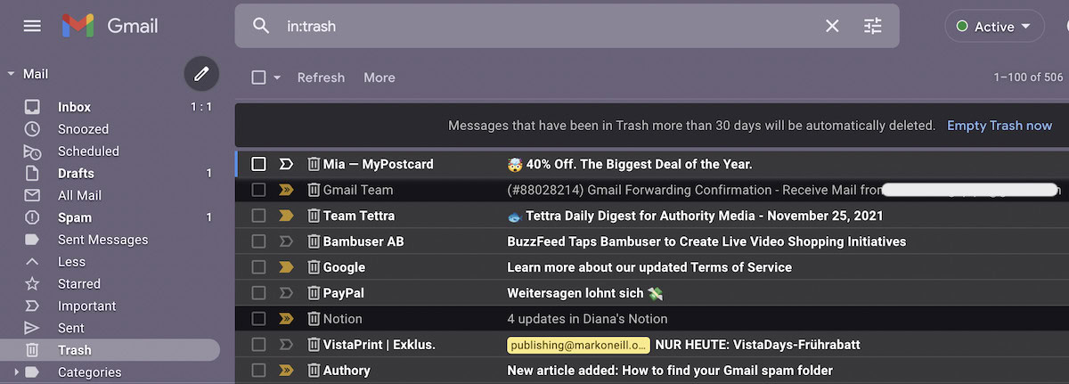 gmail trash folder