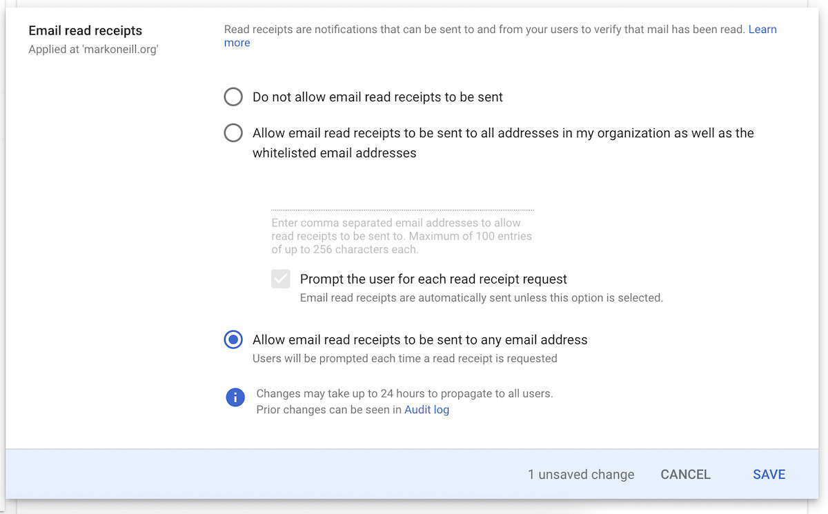 google workspace enable read receipts