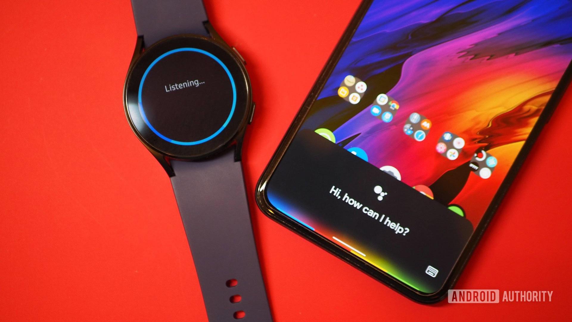 Samsung Galaxy Watch 4 with Bixby, next to Google Pixel 5 with Assistant. Red background.