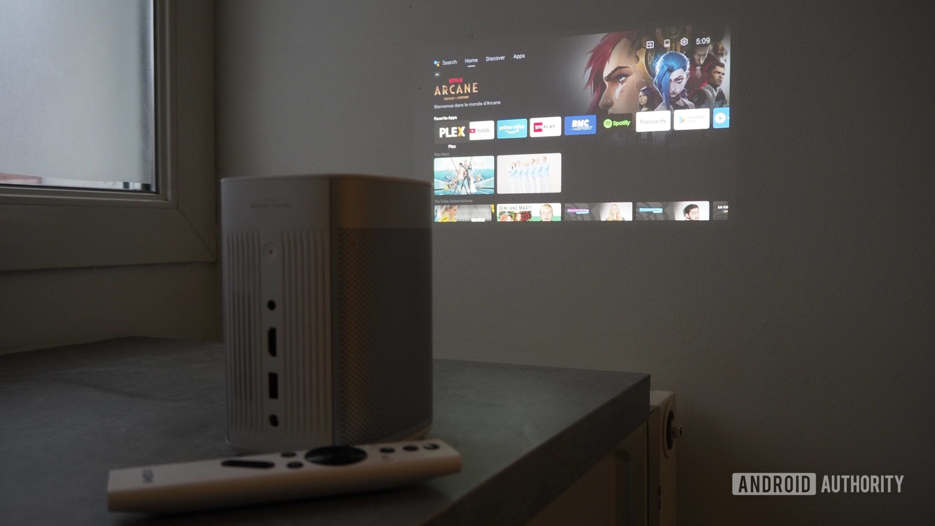 Xgimi Mogo Pro Android TV projector on kitchen counter with small projection