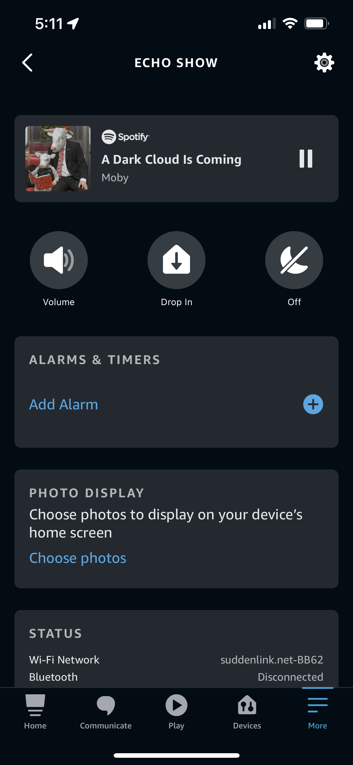 The device page for an Echo Show in the Alexa app