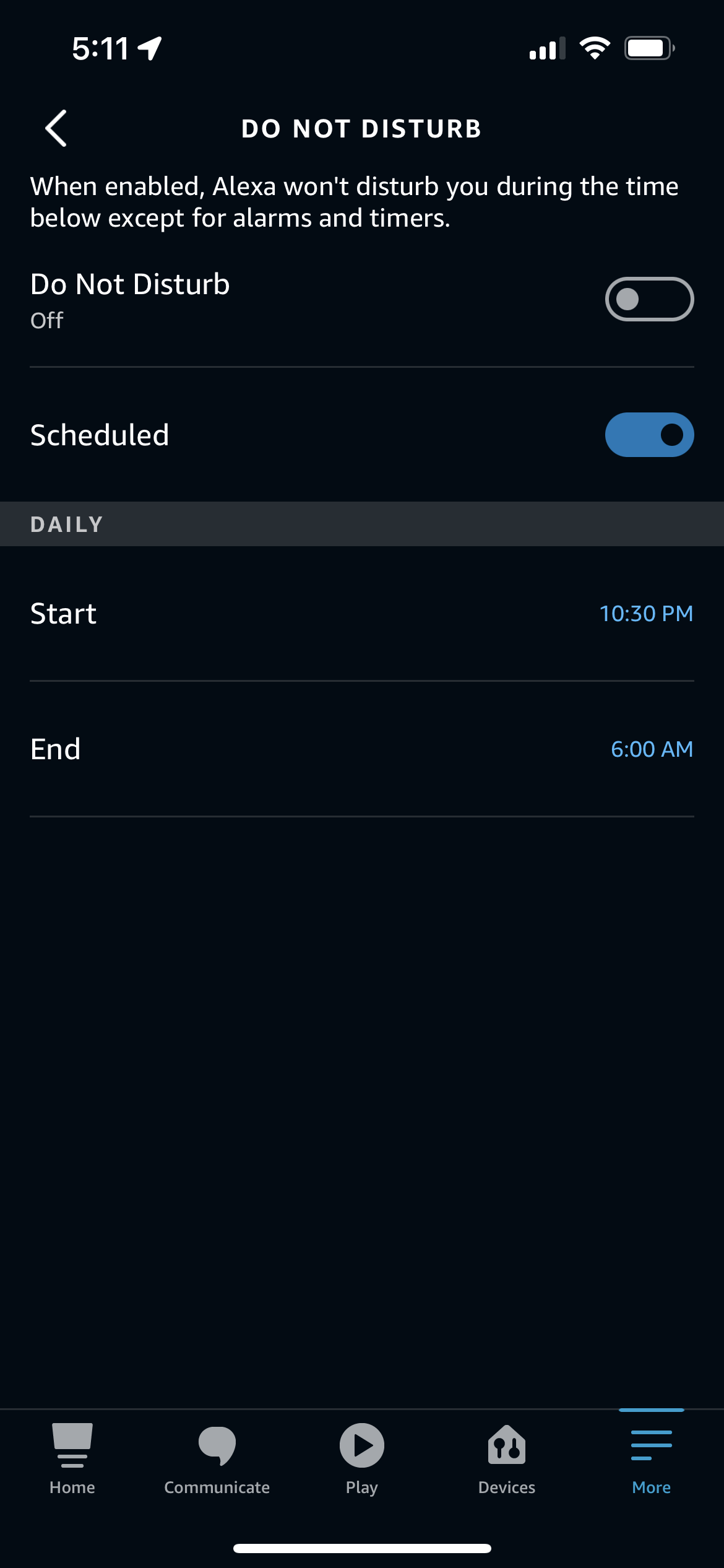 Do Not Disturb settings in the Alexa app