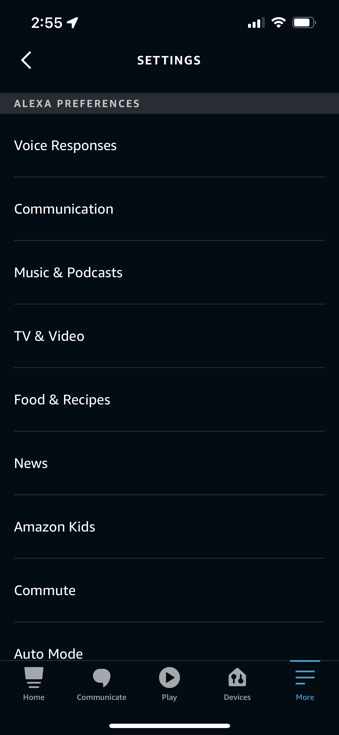 Preferences in the Alexa app