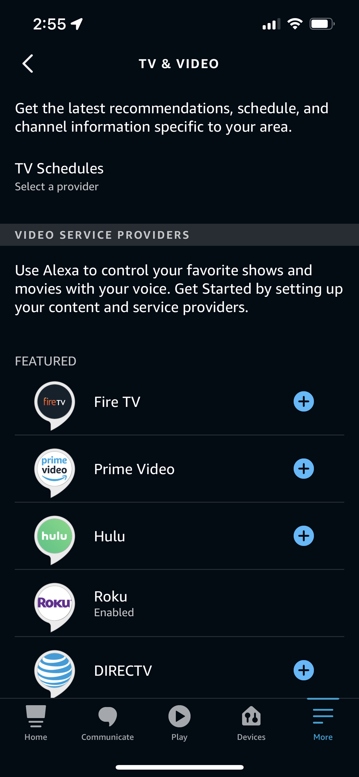 TV and video options in the Alexa app