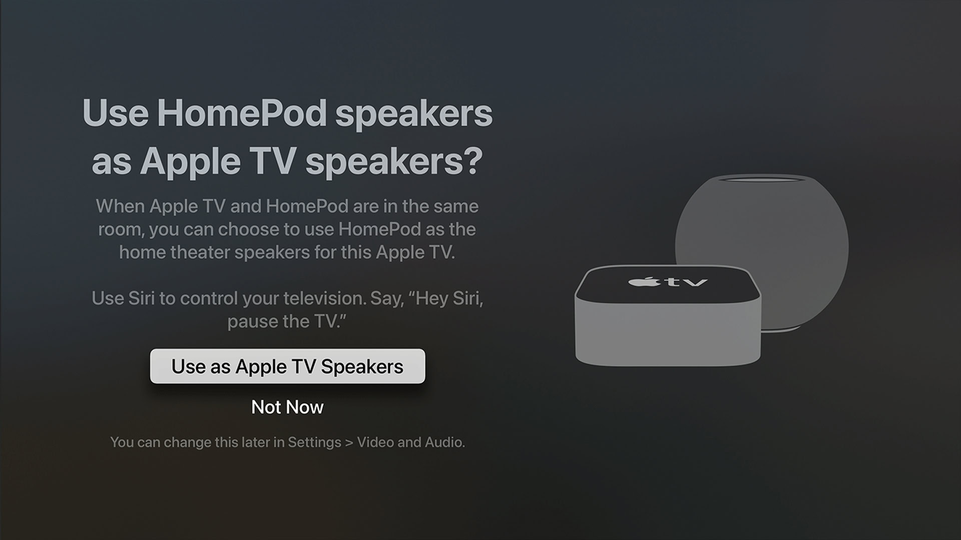 An Apple TV prompting to pair HomePods as TV speakers